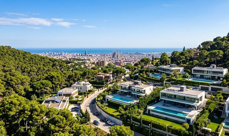 Vistas de las exclusivas villas y la zona residencial de Finestrelles en Esplugues con Barcelona de fondo